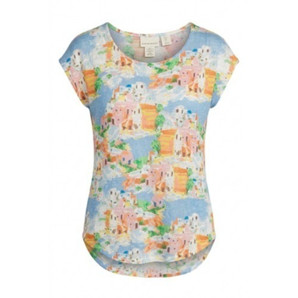 Cynthia Rowley 100% Linen Top Women S Artsy Scenic Print Tee‎ Organic Beachy